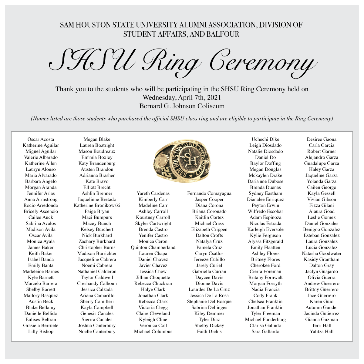 Advertisement: Spring 2020 SHSU Ring Ceremony Recipients