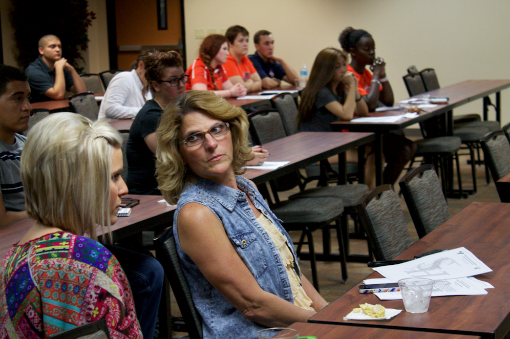 
				Huntsville city council member Tish Humphrey sits in on a Student Government Association meeting Tuesday. Humphrey helped Student Body President Spencer Copeland announce the city's budgetary allotment for crosswalks on Bobby K. Marks Drive at the east campus parking lot. 		