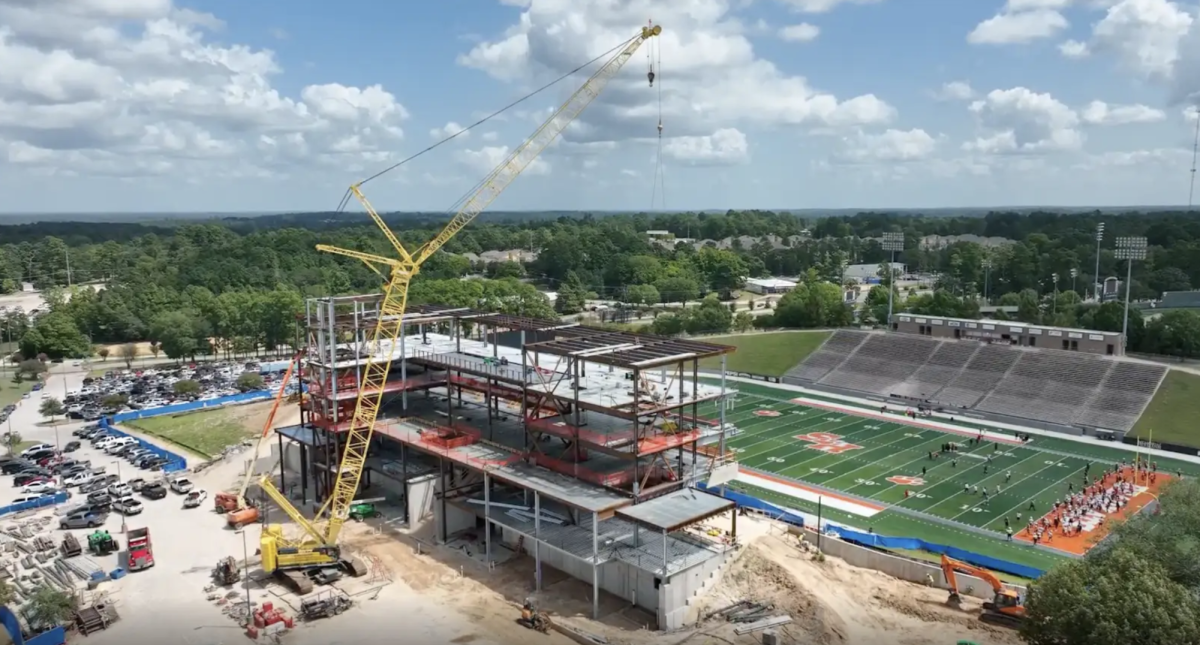 Drone footage captures the progress of construction at Bowers Stadium on August 28 in Huntsville.