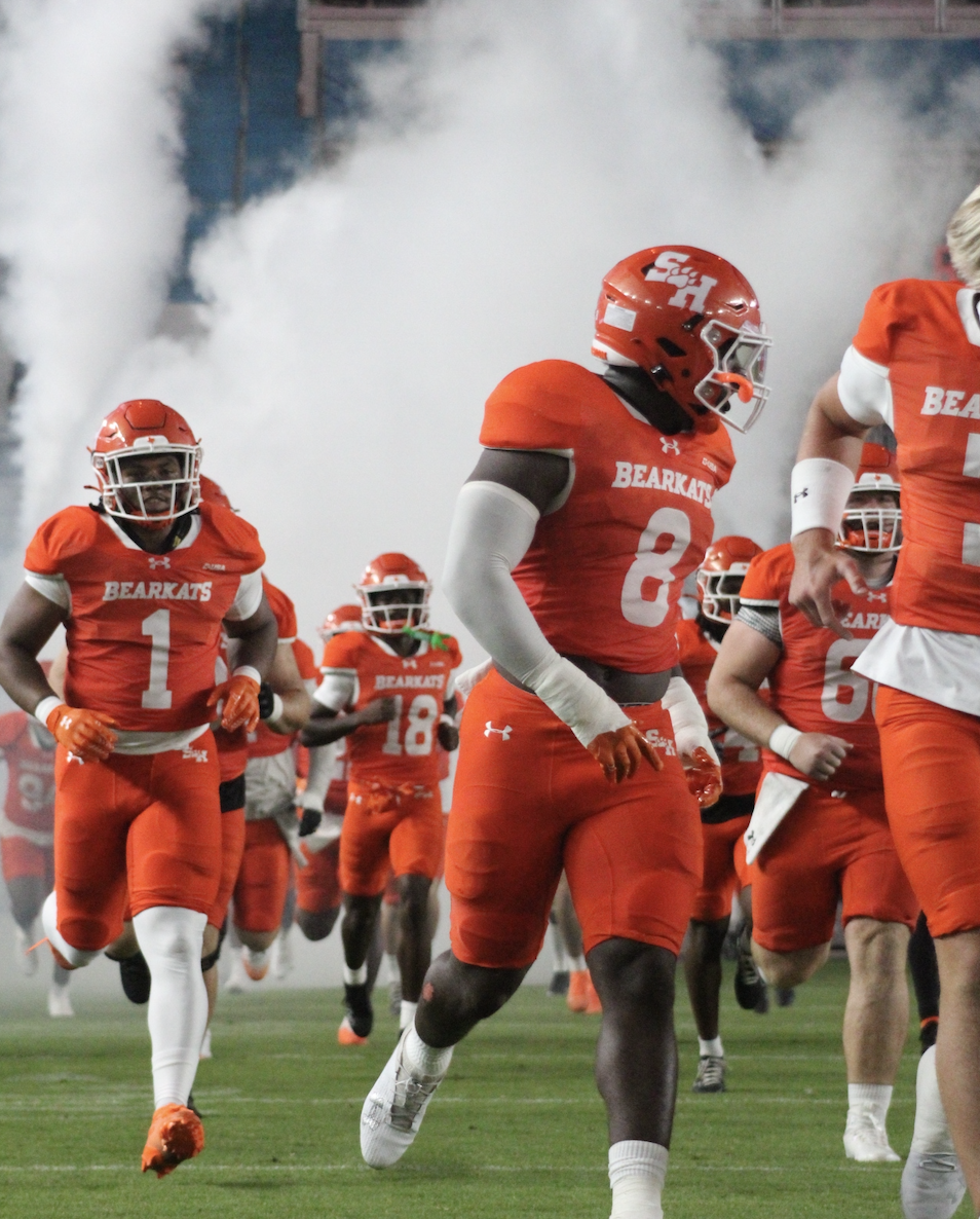 The Sam Houston football team takes the field prior to its game against UNLV on Aug. 29, 2025 at Shell Energy Stadium in Houston.