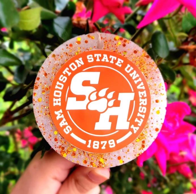 Natalia’s Freshies offers customizable car air fresheners, like the SHSU-themed one pictured above.
