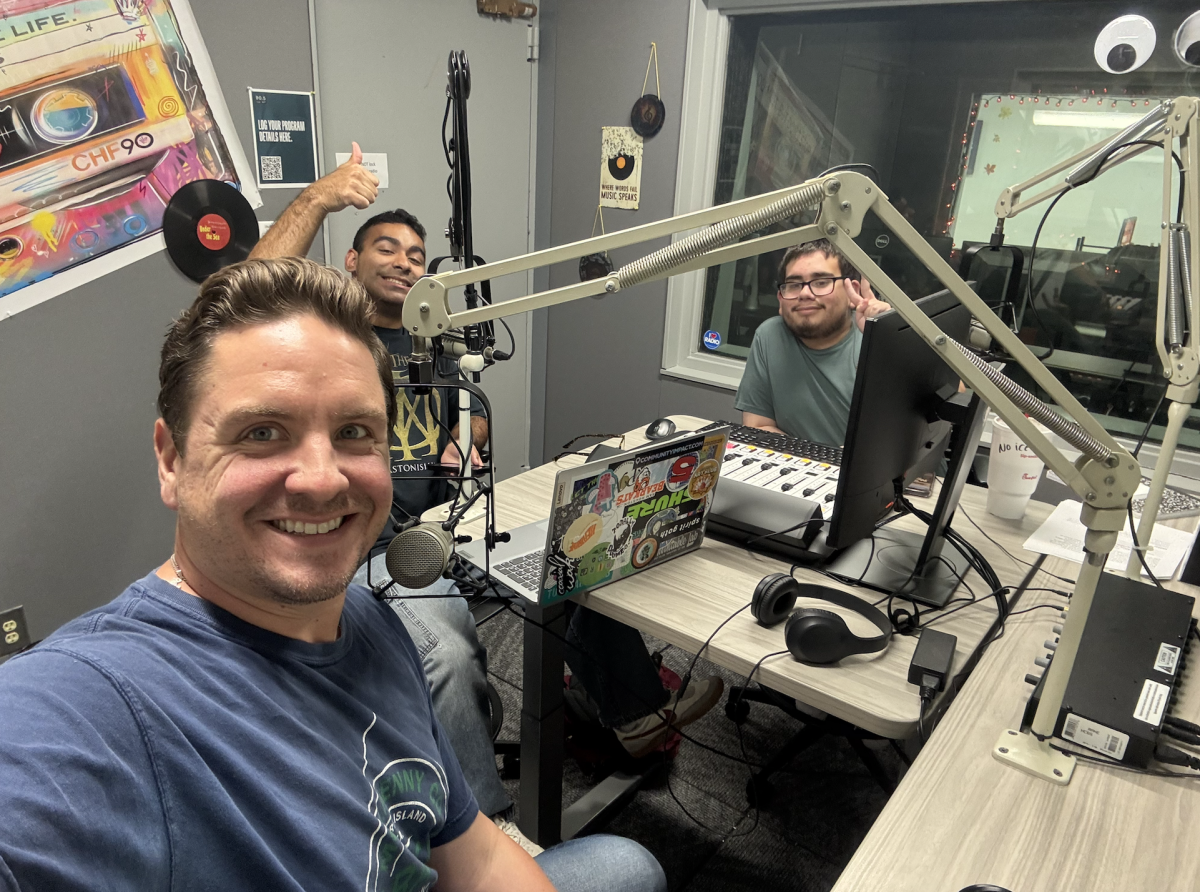 Hosts Vincent Garza, left, and Hector Gonzalez are joined by SHSU professor Dr. Robert Gauthreaux III during a recent episode of The Houstonian News Hour.