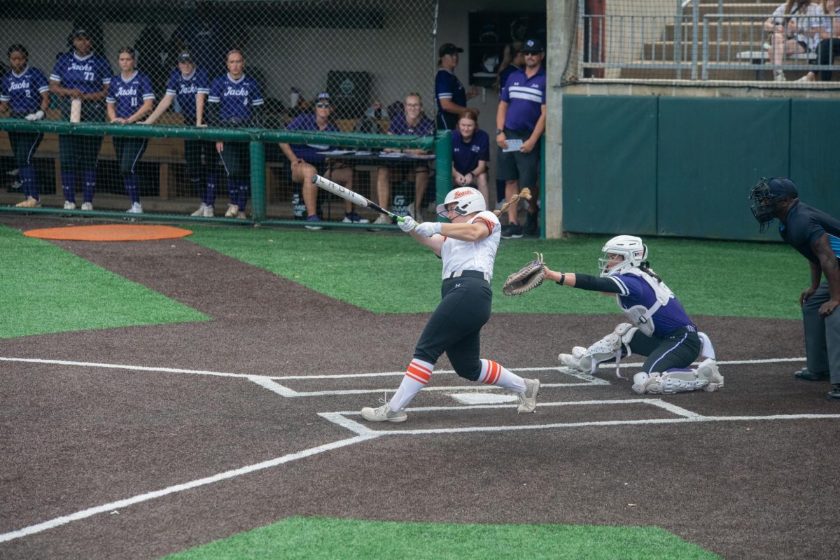 Sam Houston junior Veronica Harrison connects with the ball during a game against Stephen F. Austin earlier this season in Huntsville.
