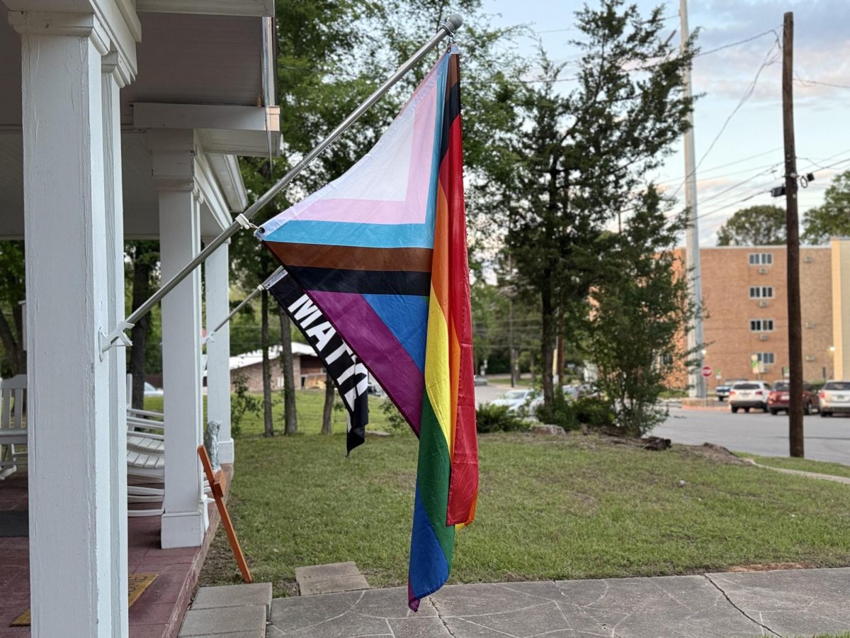 A pride flag is pictured near the campus of Sam Houston State University.