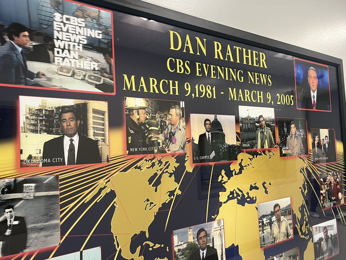 A display commemorating the career of longtime CBS News anchor Dan Rather is pictured on the first floor of the Dan Rather Communications Building.
